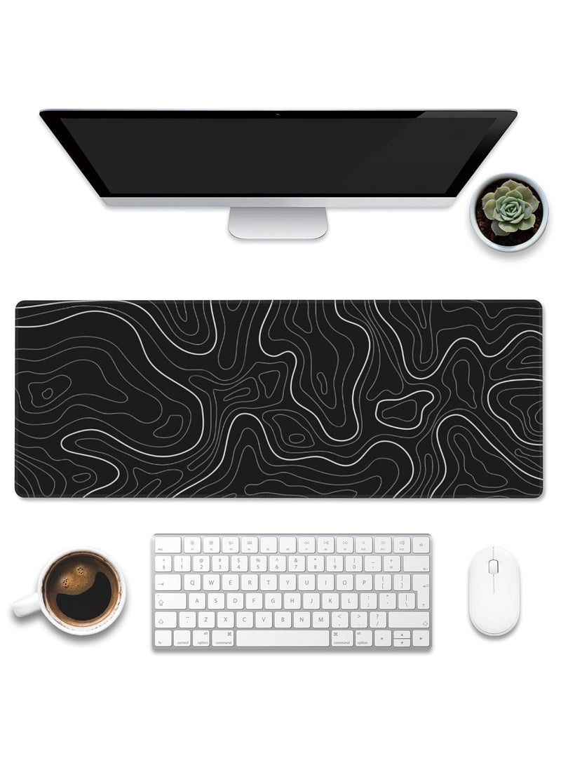 NNEWVANTE قماش فائق النعومة، حصيرة مكتب بسيطة بنمط طبوغرافي، وسادة ماوس للألعاب كبيرة بحواف مخيطة، وسادة ماوس جمالية، وسادة لوحة مفاتيح للنساء، مكتب 31.5"x11.8" أسود - Image 1