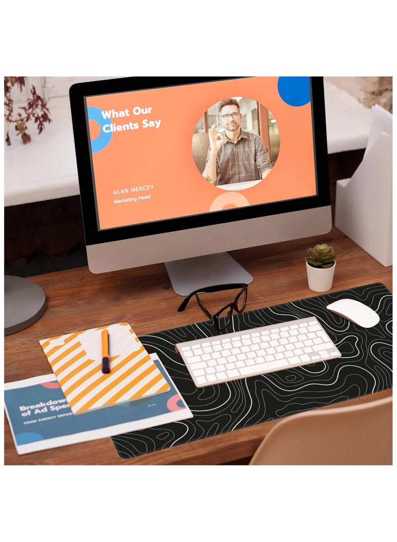 NNEWVANTE قماش فائق النعومة، حصيرة مكتب بسيطة بنمط طبوغرافي، وسادة ماوس للألعاب كبيرة بحواف مخيطة، وسادة ماوس جمالية، وسادة لوحة مفاتيح للنساء، مكتب 31.5"x11.8" أسود - Image 5