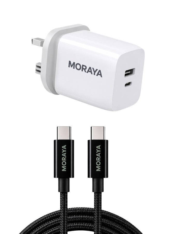 MORAYA Core-01 65W GaN Fast Charger with Vector-01 USB-C to USB-C Cable, Dual Port PD Charging Adapter with 60W Braided Type-C Cable for iPhone 15/16/17, Samsung, MacBook, iPad & USB-C Devices
