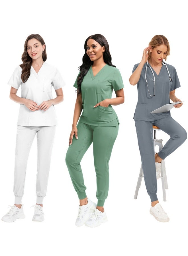 Men Women's Medical Scrubs Set V-neck Top & Tapered Leg Jogger Pants with Drawstring Medical Nurse Uniform for Hospital Scrub Suit Uniforms for Summer (White) - Image 4