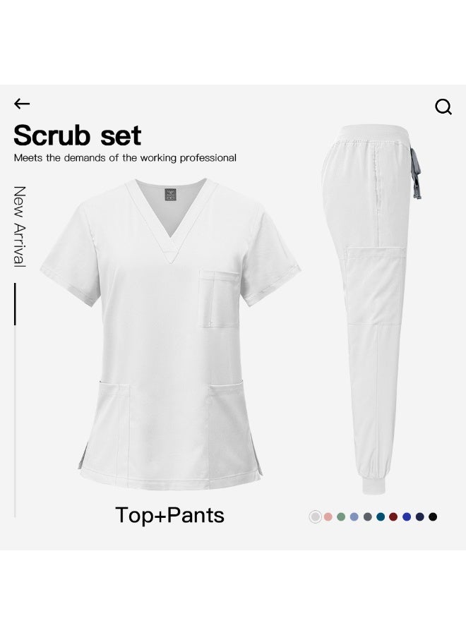 Men Women's Medical Scrubs Set V-neck Top & Tapered Leg Jogger Pants with Drawstring Medical Nurse Uniform for Hospital Scrub Suit Uniforms for Summer (White) - Image 2