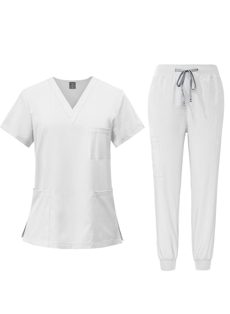 Men Women's Medical Scrubs Set V-neck Top & Tapered Leg Jogger Pants with Drawstring Medical Nurse Uniform for Hospital Scrub Suit Uniforms for Summer (White) - Image 1