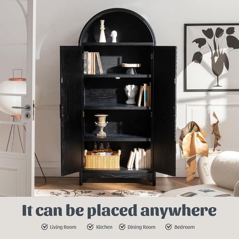 GENGKHAN 180cm Solid Wood Arched Bookcase, 5-Tier Storage Cabinet with 2 Doors & File Drawer, Vintage Accent Cabinet for Living Room Office - Natural Wood Veneer, Water Based Paint Finish (Black) - Image 5