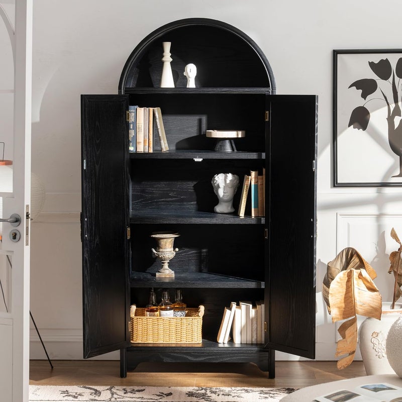 GENGKHAN 180cm Solid Wood Arched Bookcase, 5-Tier Storage Cabinet with 2 Doors & File Drawer, Vintage Accent Cabinet for Living Room Office - Natural Wood Veneer, Water Based Paint Finish (Black) - Image 1
