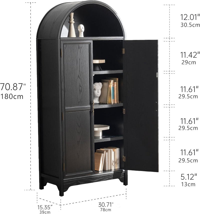 GENGKHAN 180cm Solid Wood Arched Bookcase, 5-Tier Storage Cabinet with 2 Doors & File Drawer, Vintage Accent Cabinet for Living Room Office - Natural Wood Veneer, Water Based Paint Finish (Black) - Image 2