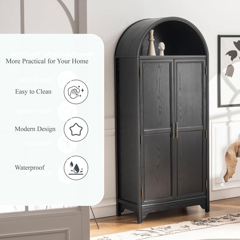 GENGKHAN 180cm Solid Wood Arched Bookcase, 5-Tier Storage Cabinet with 2 Doors & File Drawer, Vintage Accent Cabinet for Living Room Office - Natural Wood Veneer, Water Based Paint Finish (Black) - Image 4