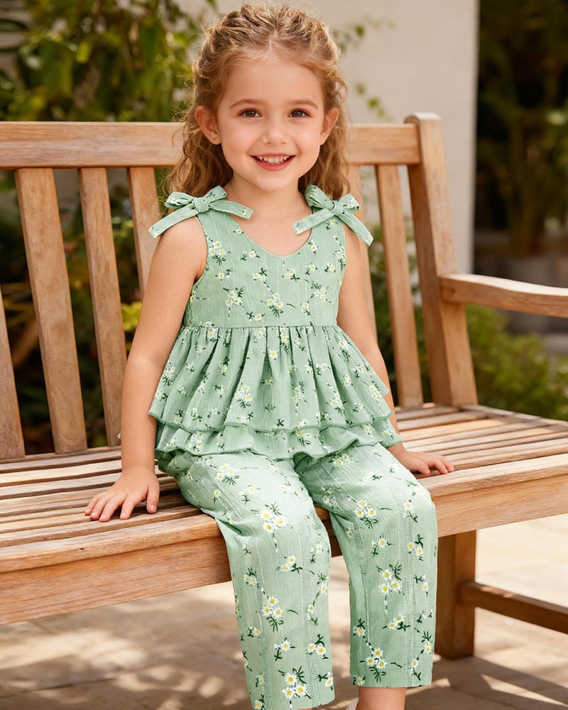 SANMIO Toddler Girl Clothes 2T 3T Summer Floral Ruffle Sleeveless Tops Pants Clothing Set Outfits for Toddler Girls - Image 2