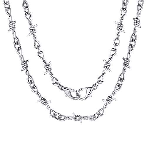 ChainsHouse Barbed Wire Necklace Mens Necklace Stainless Steel 6mm Thorns Chain with Padlock and Flame Links Hip Hop Rock Gothic Jewelry 18 - Image 1