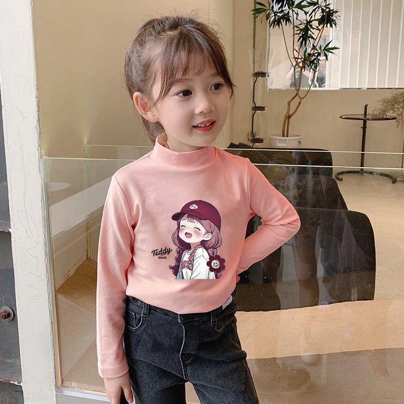 Girls' Velvet Semi-High Collar Bottoming Shirt Children'S Semi-High Collar Western Style Semi-High Collar Long Sleeve Thickened T-Shirt - Image 4