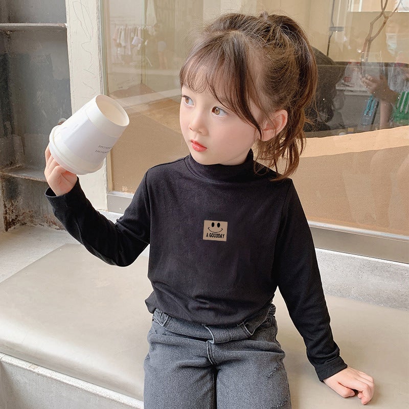 Girls' Velvet Semi-High Collar Bottoming Shirt Children'S Semi-High Collar Western Style Semi-High Collar Long Sleeve Thickened T-Shirt - Image 2