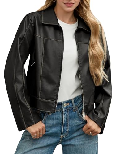 Yousify Womens Faux Leather Jacket Casual Zip Up Motorcycle Long Sleeve Collared Spring Cropped Coats with Pockets - Image 1
