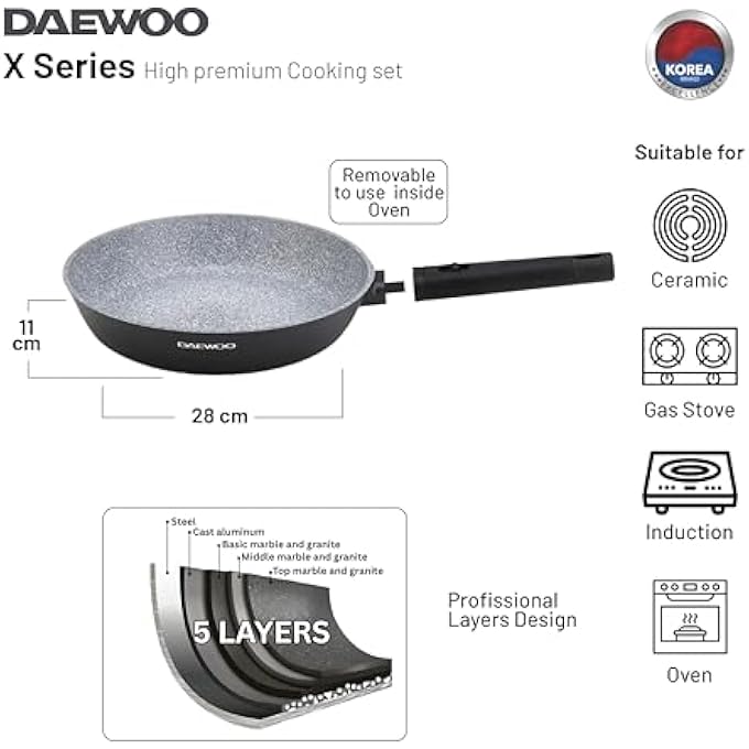 دايو مقلاة من الألومنيوم المصبوب مقاس 28 سم، غير لاصقة، مطلية بالجرانيت، قاعدة حثية كاملة، مقبض من الباكليت، لون أحمر، خالية من المواد الكيميائية - Image 3