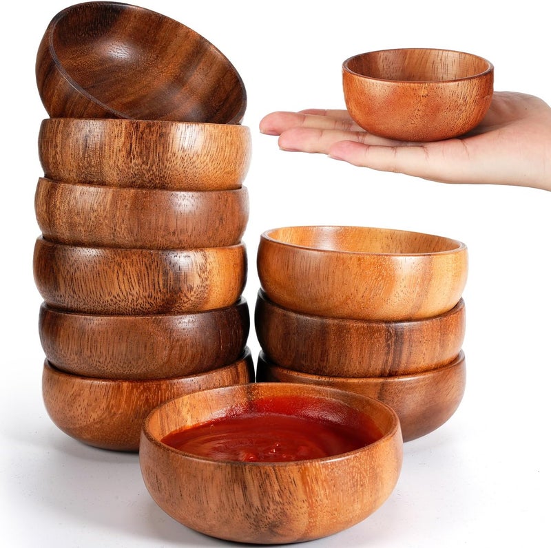 Skylety 10 Pcs Acacia Wooden Bowls Small Calabash Bowls Round Wood Salad Hand Carved Calabash Dip Tray for Serving Popcorn Pasta Candy Cereal Coconut Nuts Sauce Appetizers Kitchen (3 Inch) - Image 1