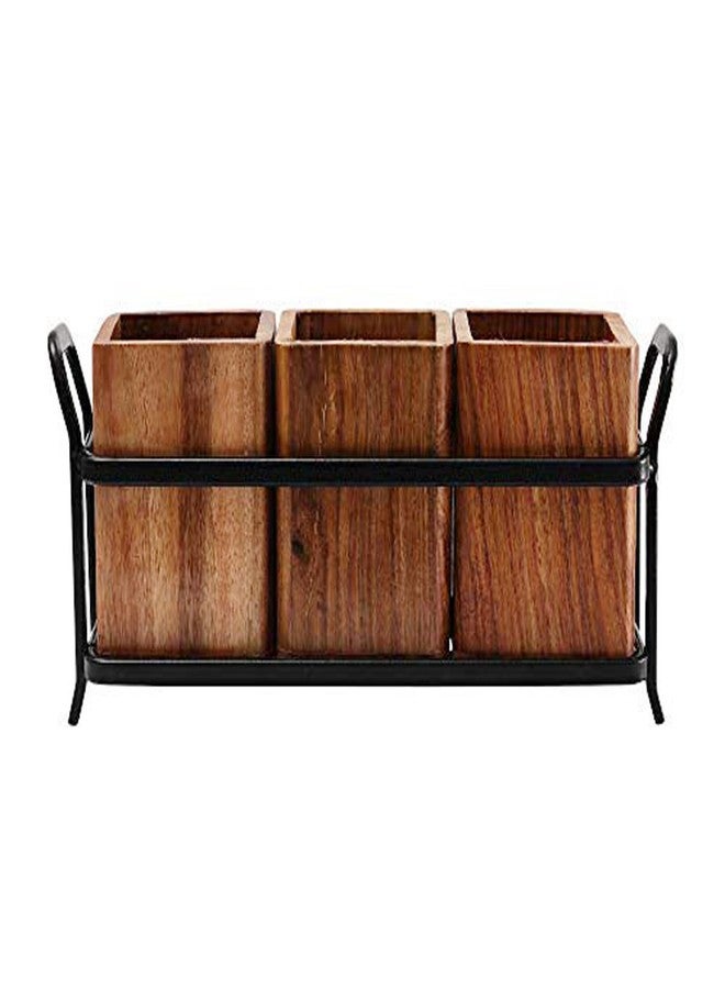 POGON Matrix Wooden Cutlery Stand for Kitchen, Multipurpose Stand, Dining Table Organizer with 3 Wooden Jar for Home, Office, Cafe & Restaurant (Dark Wood) - Image 4