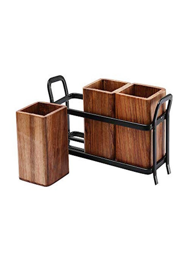 POGON Matrix Wooden Cutlery Stand for Kitchen, Multipurpose Stand, Dining Table Organizer with 3 Wooden Jar for Home, Office, Cafe & Restaurant (Dark Wood) - Image 3