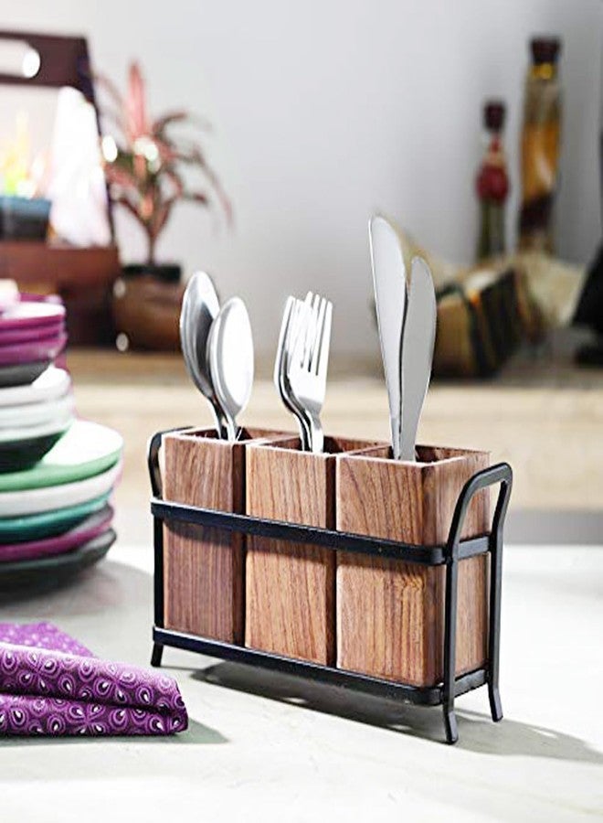 POGON Matrix Wooden Cutlery Stand for Kitchen, Multipurpose Stand, Dining Table Organizer with 3 Wooden Jar for Home, Office, Cafe & Restaurant (Dark Wood) - Image 1