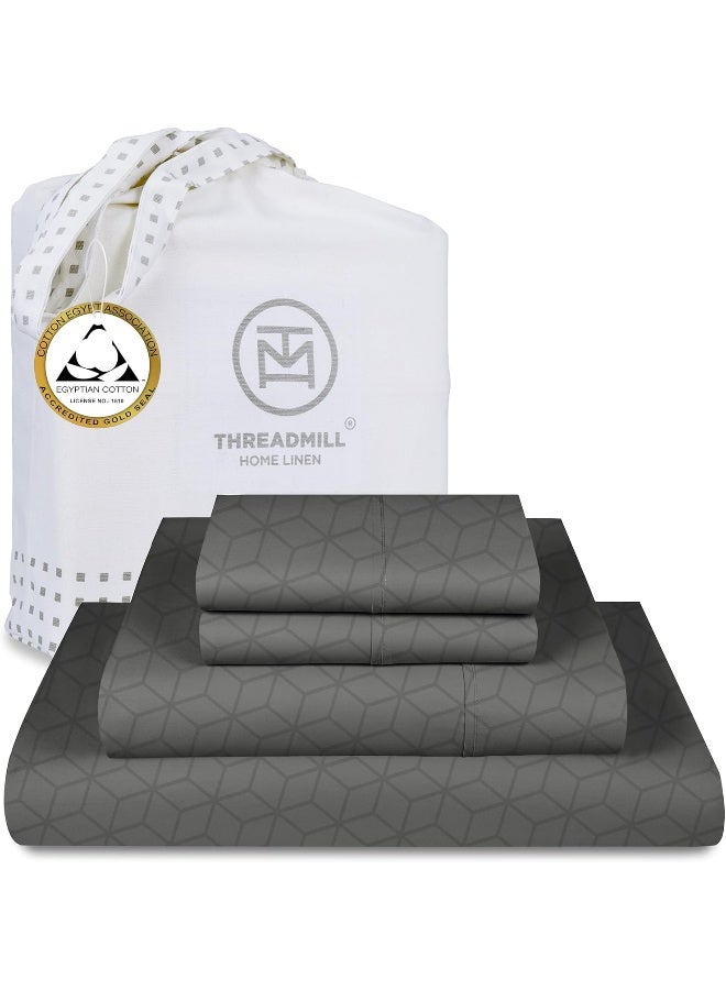 Certified 100% Egyptian Cotton 400 Thread Count, Queen Sheets, 4 Piece Jacquard Cadence Dark Grey Bed Set, Smooth ELS Combed Cotton, Breathable Bedsheets with Elasticized Deep Pocket - by Threadmill - Image 1