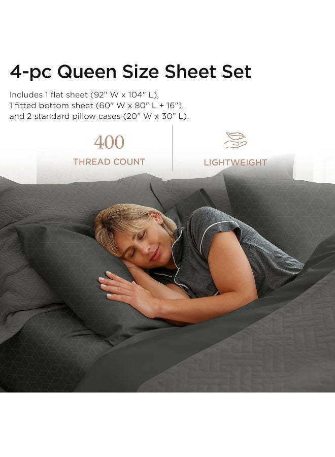 Certified 100% Egyptian Cotton 400 Thread Count, Queen Sheets, 4 Piece Jacquard Cadence Dark Grey Bed Set, Smooth ELS Combed Cotton, Breathable Bedsheets with Elasticized Deep Pocket - by Threadmill - Image 2