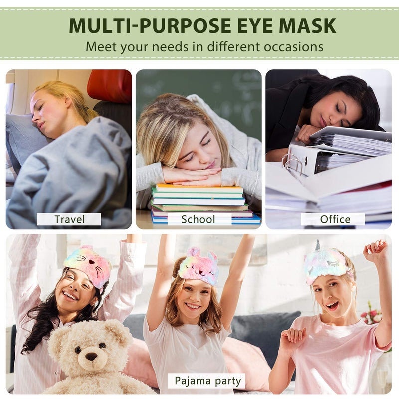 Geyoga 3 Pieces Sleep Mask for Kids, Girls Plush Sleeping Eye Cover Soft Eye Blindfold Cover Animal Shade for Kids(Rainbow Color,Bunny, Cat and Unicorn Style) - Image 4