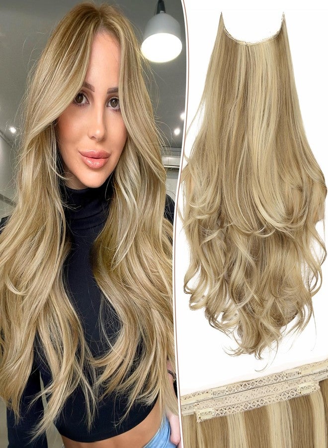 KooKaStyle Invisible Wire Hair Extensions Long Wavy Layered Synthetic with Transparent Headband Adjustable Size 6 Secure Clips Hairpieces for Women (20 Inch, Light Brown Mix Golden Blonde) - Image 1