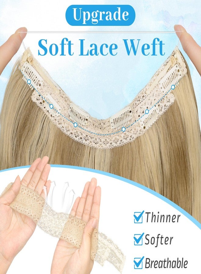 KooKaStyle Invisible Wire Hair Extensions Long Wavy Layered Synthetic with Transparent Headband Adjustable Size 6 Secure Clips Hairpieces for Women (20 Inch, Light Brown Mix Golden Blonde) - Image 2