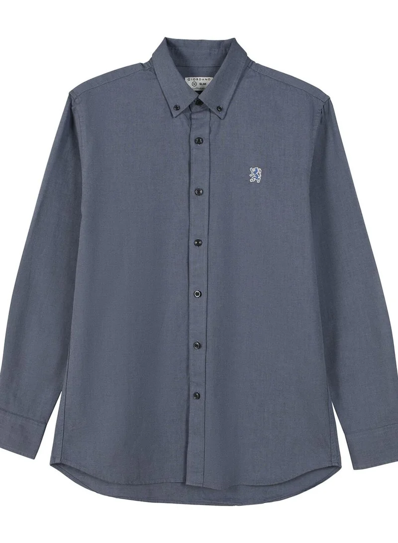 GIORDANO Men's Cotton Oxford Shirt - Small Lion Embroidery, Slim Fit, Full Button