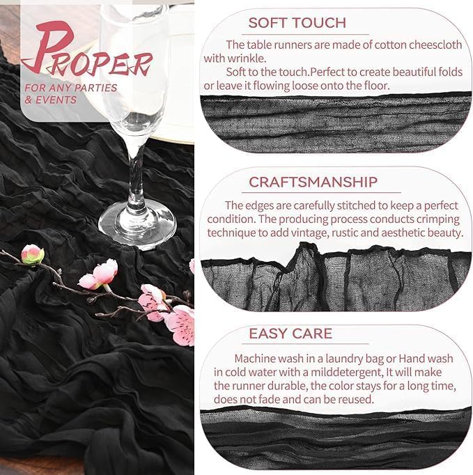 Cheesecloth Table Runner, 10Ft x 35" Rustic Gauze Boho Wedding Table Runner Decoration, Vintage Table Centerpieces, Table Cloth, for Wedding Reception Bridal Shower Birthday (1 Pack Classic Black) - Image 3