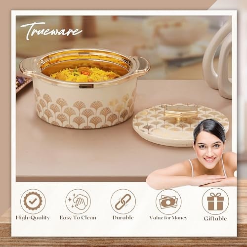 Trueware Floraa Fine Inner Steel Casserole,1500 Ml,Off-White|Pu Insulated | Bpa Free | Odor Proof | Food Grade | Easy To Store | Ideal For Chapatti | Roti | Curd Maker | Thermoware | Hot Pot,Polished - Image 3