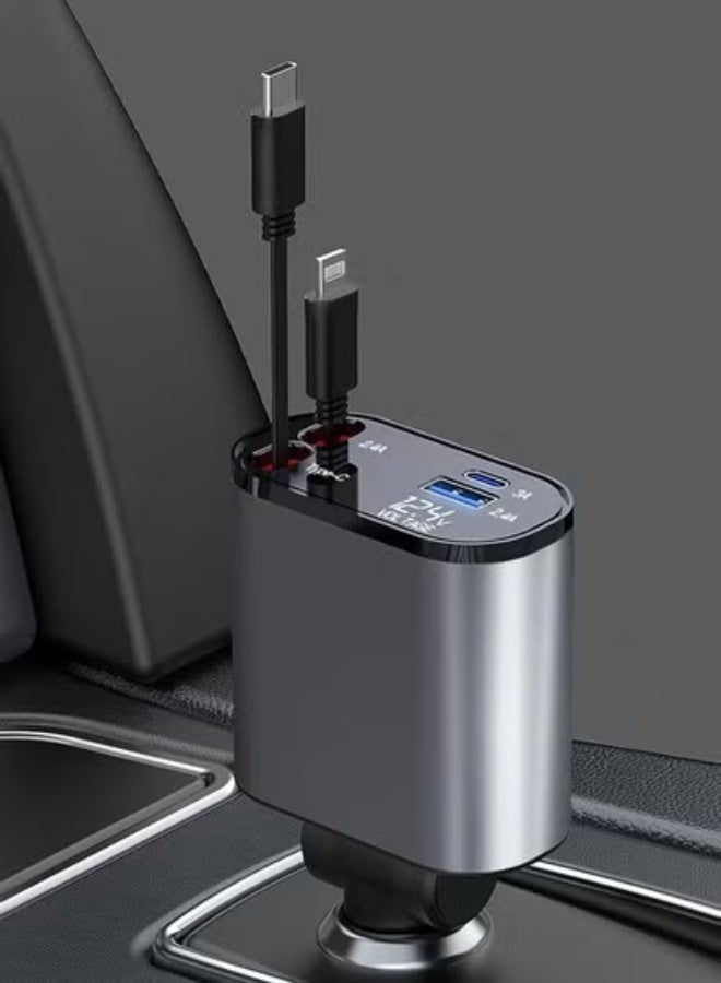 TIGER Retractable 4-in-1 Fast Car Charger with 60W Power Delivery – High-Speed USB-C, Lightning, Micro USB & USB-A Cables – Universal Multi-Port Adapter for iPhone, Android, Tablets, GPS & Car Electronics – Compact & Tangle-Free Design - Image 3