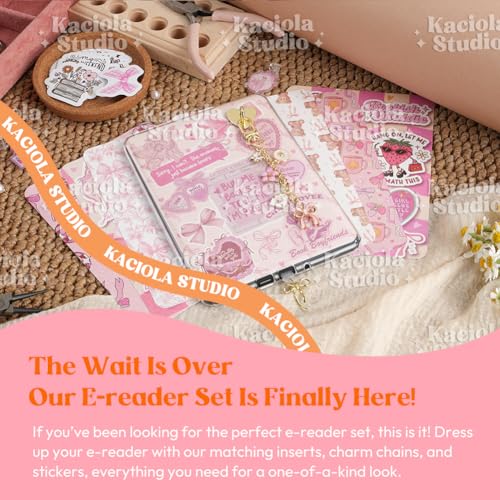 KACIOLA STUDIO 8PCS Inserts Set for E-reader, 6 Type C Charms and 2 Charm Chain with 50PCS Stickers for E-reader, 6.9"x4.8" Insert Pink Bow Theme for Paper White11th/12th, Gifts for Booklovers - Image 2