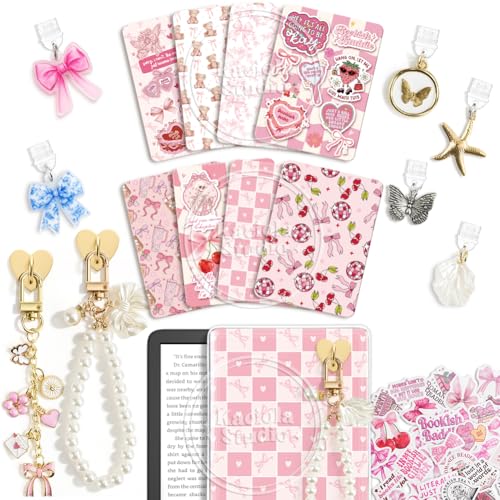 KACIOLA STUDIO 8PCS Inserts Set for E-reader, 6 Type C Charms and 2 Charm Chain with 50PCS Stickers for E-reader, 6.9"x4.8" Insert Pink Bow Theme for Paper White11th/12th, Gifts for Booklovers - Image 1
