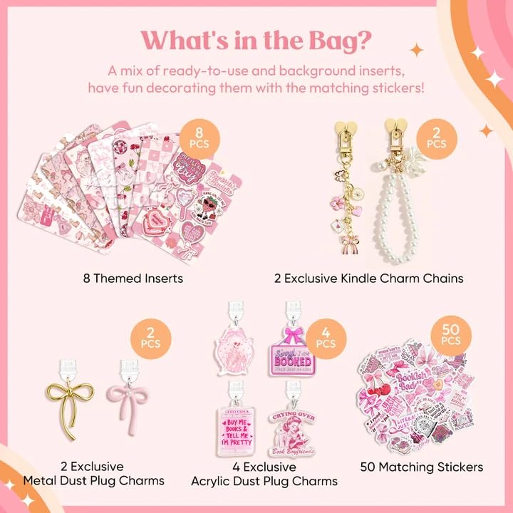 KACIOLA STUDIO 8PCS Inserts Set for E-reader, 6 Type C Charms and 2 Charm Chain with 50PCS Stickers for E-reader, 6.9"x4.8" Insert Pink Bow Theme for Paper White11th/12th, Gifts for Booklovers - Image 3