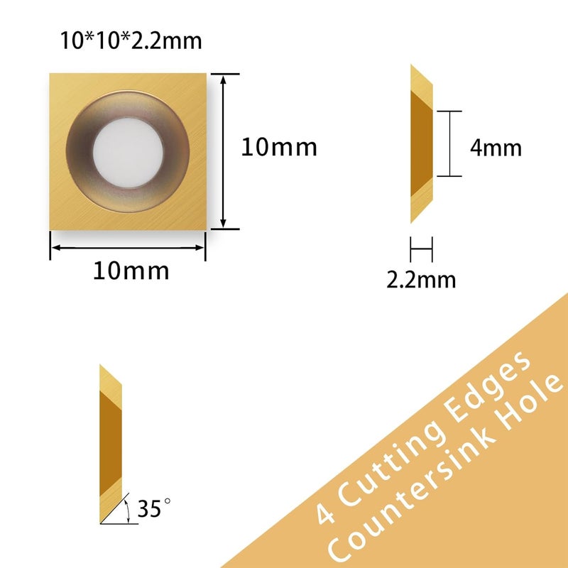 BINSTAK TiN Coated Square Corner Carbide Inserts 4 Edges, 10 * 10 * 2.2mm, 35 Degree Cutting Angle, 10pcs, Countersink Hole (Gold) - Image 2