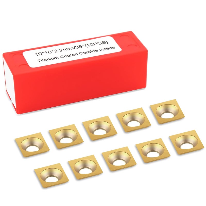 BINSTAK TiN Coated Square Corner Carbide Inserts 4 Edges, 10 * 10 * 2.2mm, 35 Degree Cutting Angle, 10pcs, Countersink Hole (Gold) - Image 1