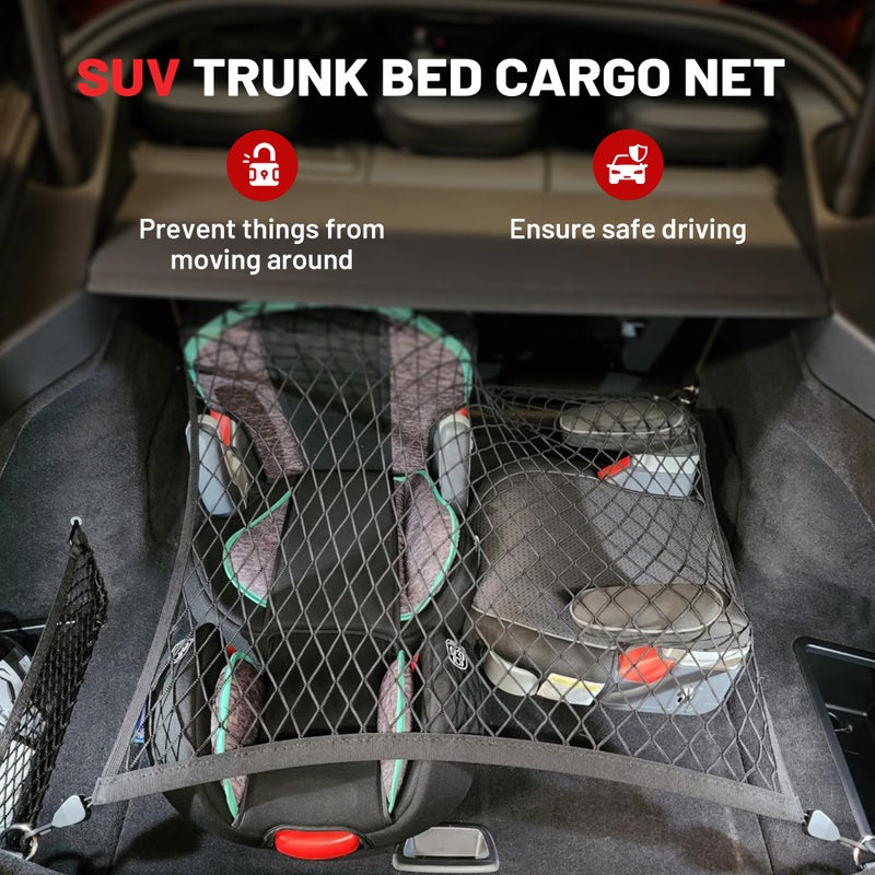 RED WOLF Elastic Cargo Net for SUV Rear Trunk Bed Netting Cover Net Stretchable Mesh Organizer 32" x 24" Stretch to 63"x43" with Fixing Hooks D-Rings Luggage Cover - Image 2