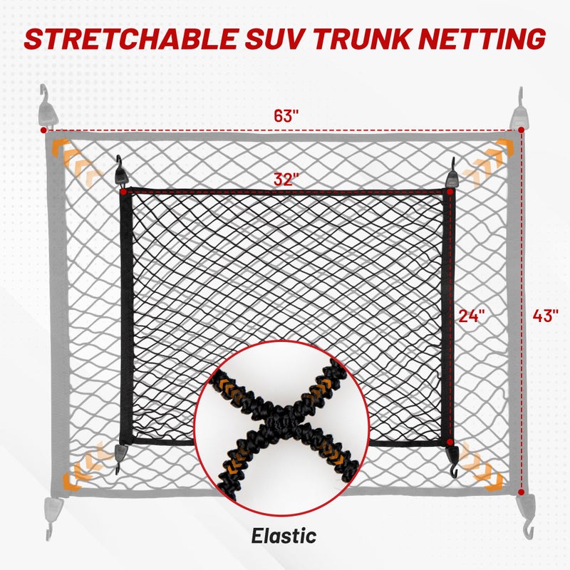 RED WOLF Elastic Cargo Net for SUV Rear Trunk Bed Netting Cover Net Stretchable Mesh Organizer 32" x 24" Stretch to 63"x43" with Fixing Hooks D-Rings Luggage Cover - Image 3