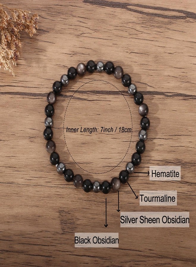 AULSIEY Triple Empath Protection Bracelet Gifts for Women, Hematite Black Tourmaline Obsidian Bracelet for Men, Protection Healing Crystal Bracelets, Evil Eye Jewelry Bracelets Mental Health-6mm - Image 2