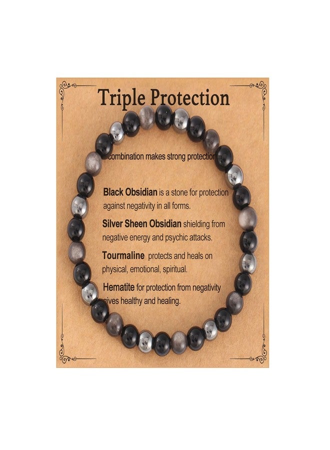 AULSIEY Triple Empath Protection Bracelet Gifts for Women, Hematite Black Tourmaline Obsidian Bracelet for Men, Protection Healing Crystal Bracelets, Evil Eye Jewelry Bracelets Mental Health-6mm - Image 1
