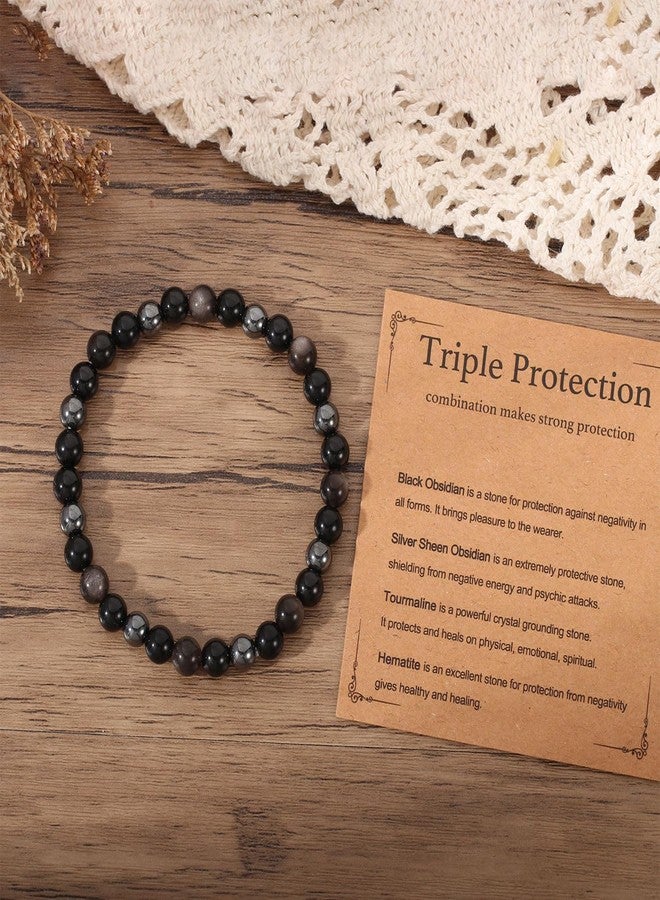 AULSIEY Triple Empath Protection Bracelet Gifts for Women, Hematite Black Tourmaline Obsidian Bracelet for Men, Protection Healing Crystal Bracelets, Evil Eye Jewelry Bracelets Mental Health-6mm - Image 4
