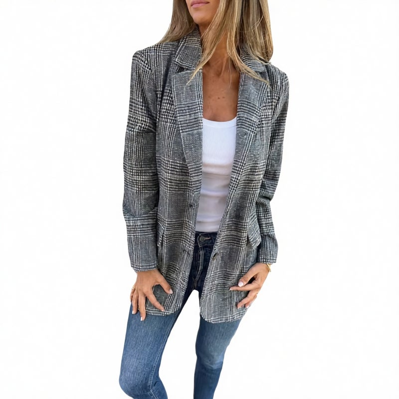 Women's Vintage Houndstooth Notch Lapel Blazer Jacket Casual Outerwear - Image 2