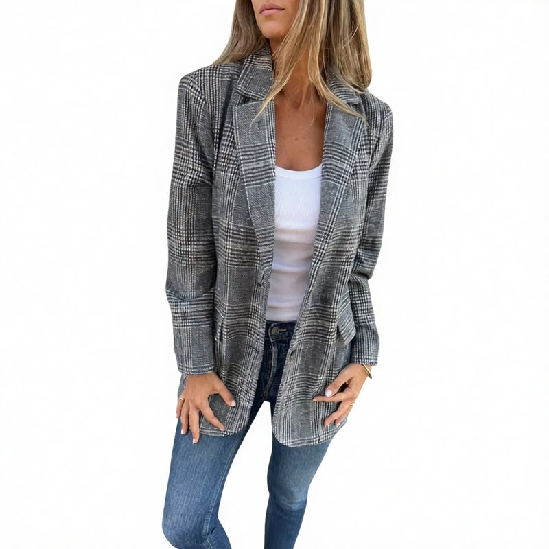 Women's Vintage Houndstooth Notch Lapel Blazer Jacket Casual Outerwear - Image 1
