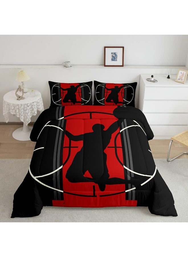 Generic Basketball Comforter Set Queen for Boys Kids Sports Games Room Decor Red and Black Comforter Adults Bedroom Basketball Court Bedding Set 1 Comforter with 2 Pillow Cases, Lightweight Warm Soft  - Image 1