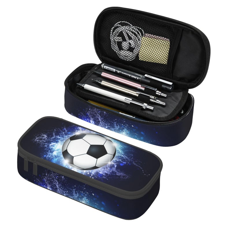 YIJIUWKIS Boys Pencil Pouch with Soccer Ball Sports Pencil Case Pencil Box for Kids Big Capacity Black Blue Pencil Holder Pen Bag Storage Organizer Stationery Bag with Zippers