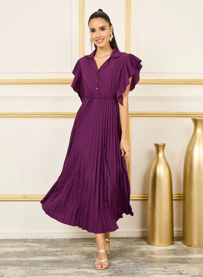 Styli Accordion Pleated Notch Neck A-line Maxi Dress