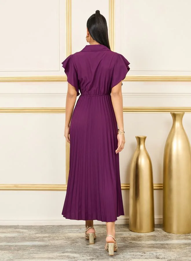 Styli Accordion Pleated Notch Neck A-line Maxi Dress