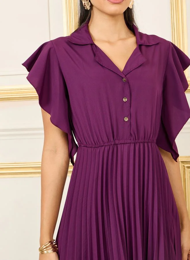 Styli Accordion Pleated Notch Neck A-line Maxi Dress
