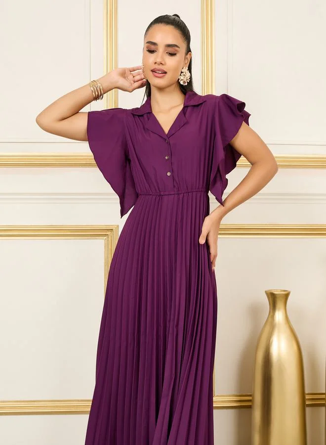 Styli Accordion Pleated Notch Neck A-line Maxi Dress