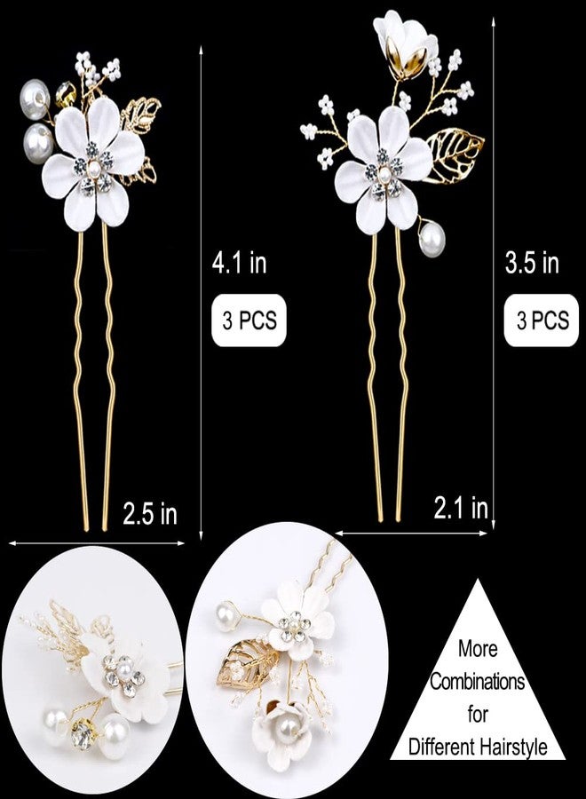 LAPOHI 6 PCS Bridal Flower Wedding Hair Pins Crystal Pearl Hair Clips Headpiece Gold Wedding Hair Accessories Jewelry with Rhinestone for Brides Bridesmaids Women Girls Updo (Pure White Flower) - Image 3