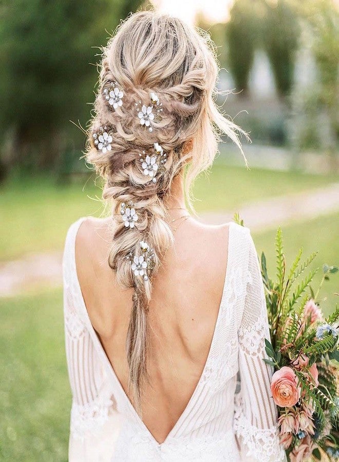 LAPOHI 6 PCS Bridal Flower Wedding Hair Pins Crystal Pearl Hair Clips Headpiece Gold Wedding Hair Accessories Jewelry with Rhinestone for Brides Bridesmaids Women Girls Updo (Pure White Flower) - Image 2