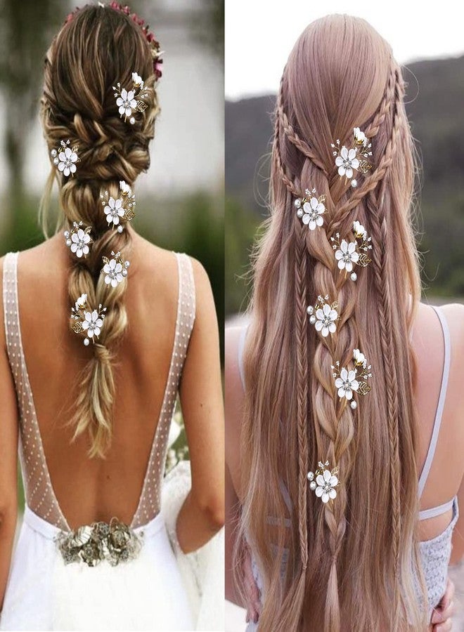 LAPOHI 6 PCS Bridal Flower Wedding Hair Pins Crystal Pearl Hair Clips Headpiece Gold Wedding Hair Accessories Jewelry with Rhinestone for Brides Bridesmaids Women Girls Updo (Pure White Flower) - Image 5